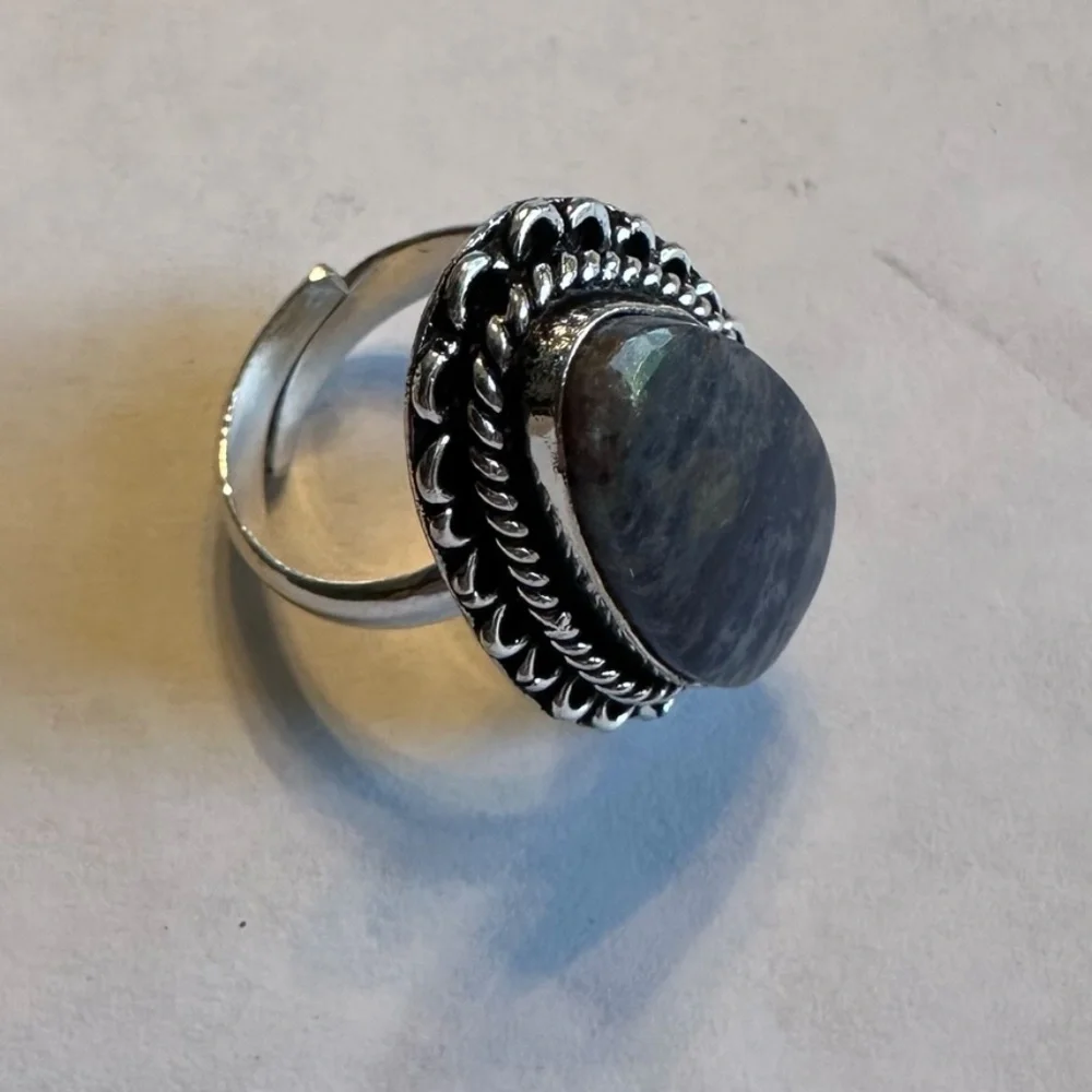 Blue Sodalite Teardrop Shape Stone Silver Plated Brass Adjustable Ring - Picture 9 of 10